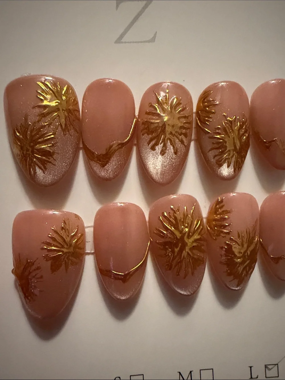Neutral cateye Pink handmade acrylic Press-On Nails with Gold Floral Accents